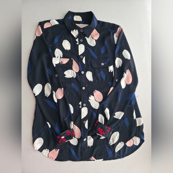 LOFT Dark Cottagecore Tulip Print Utility Blouse Preppy Dark Floral XS - Picture 6 of 11